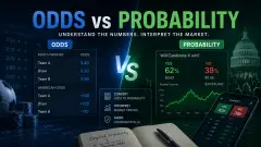 Visual comparison of odds and probability showing market pricing, implied probability charts, and trading interface illustrating how outcomes are interpreted in prediction markets